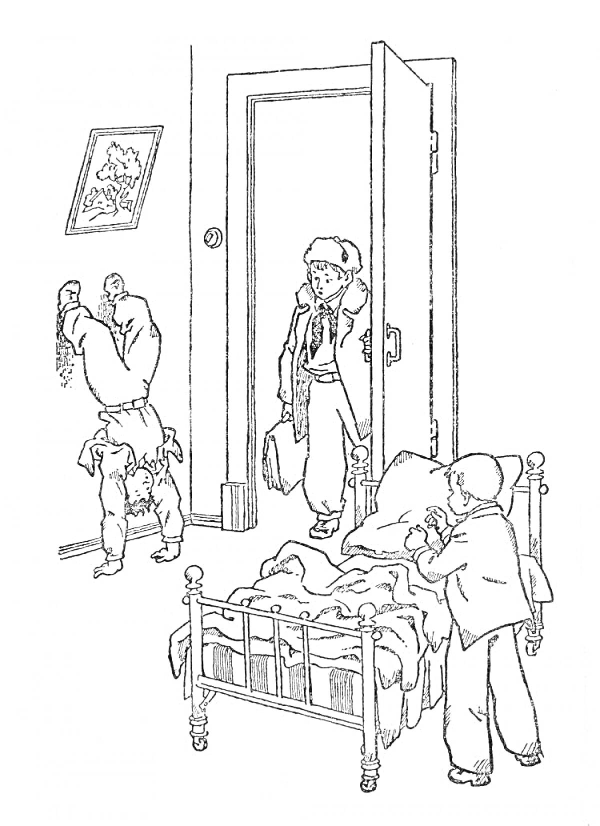 На раскраске изображено: Стойка на руках, Взрослый мужчина, Комната, Стена, Куртка, Шапка