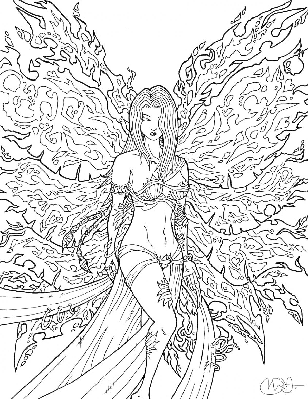 Раскраска Фея с магическими крыльями и в длинном развевающемся платье