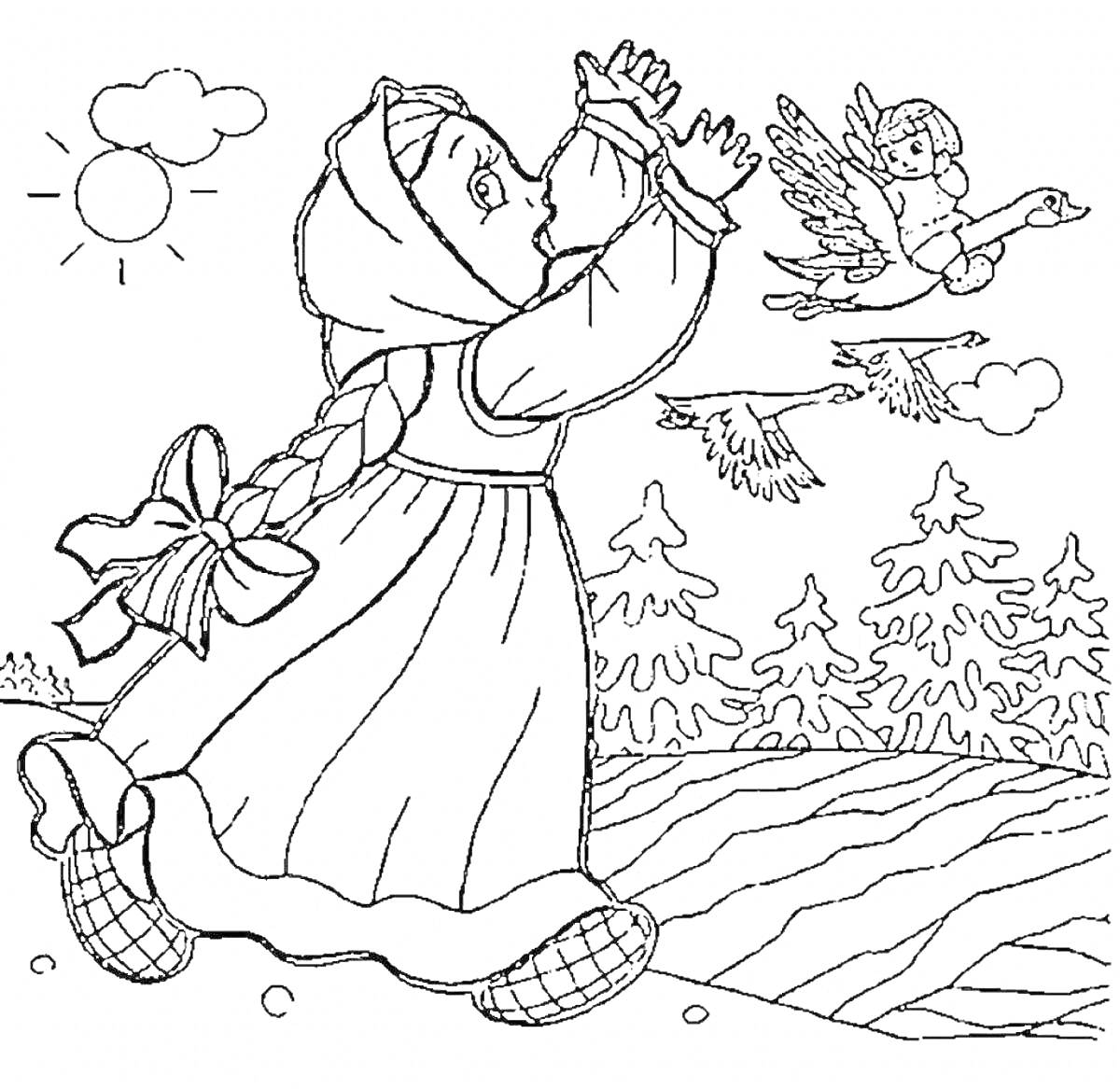 На раскраске изображено: Девочка, Платок, Платье, Гуси, Лес, Река, Солнце, Облака, Из сказок, Природа, Лебедь