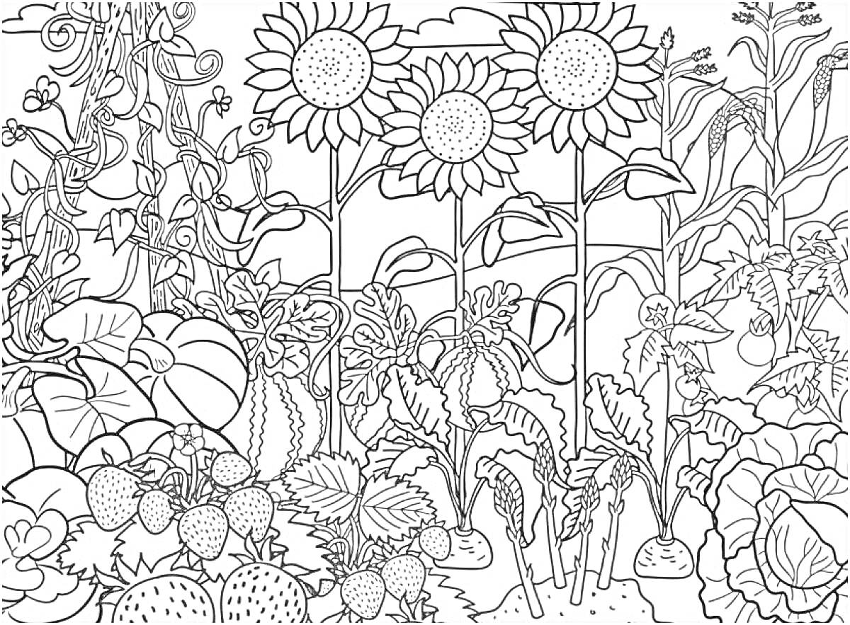 На раскраске изображено: Сад, Подсолнухи, Клубника, Кукуруза, Свекла, Растения, Овощи, Цветы, Природа