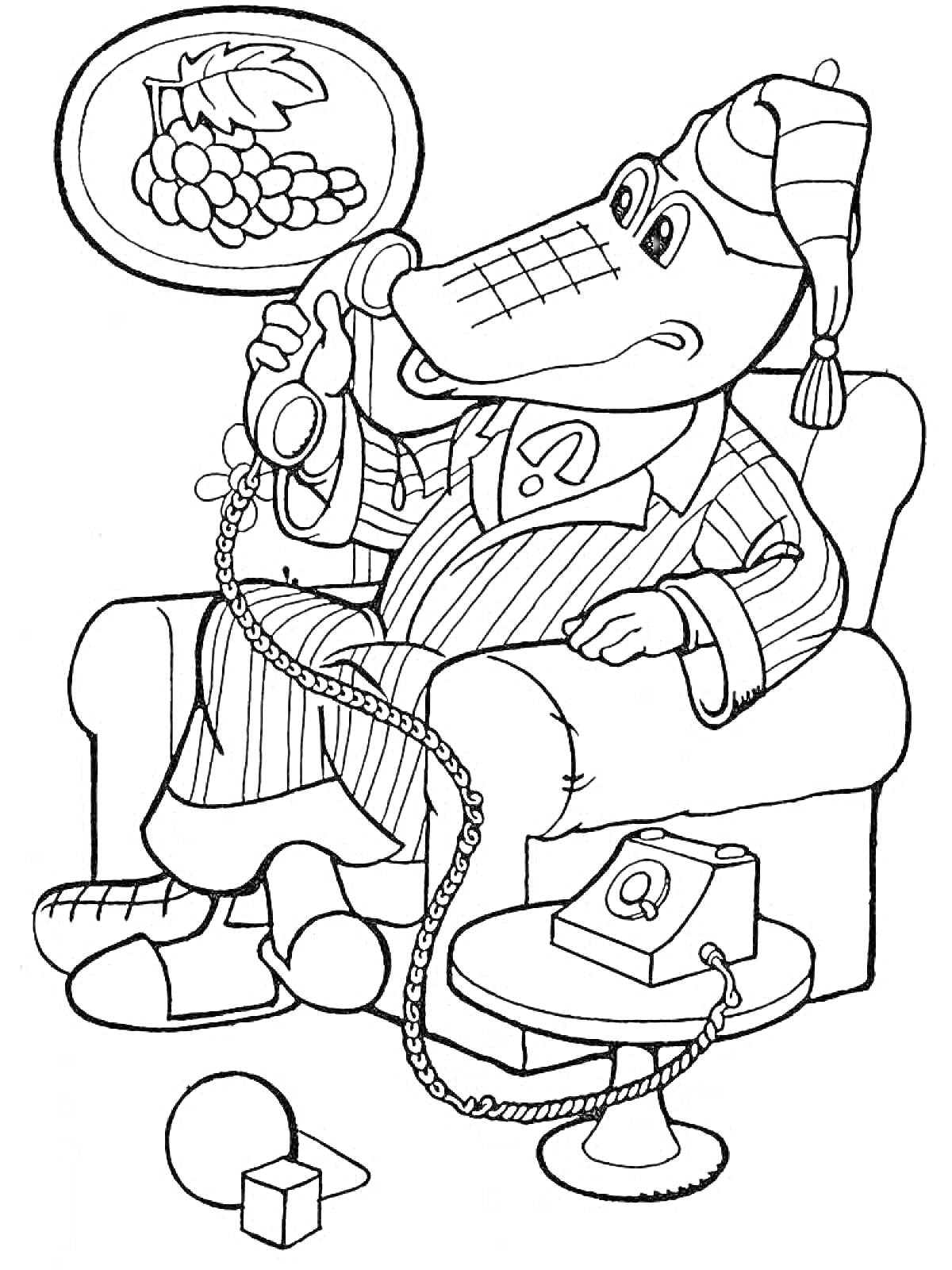 Раскраска Крокодил Гена в кресле с телефоном и детскими игрушками