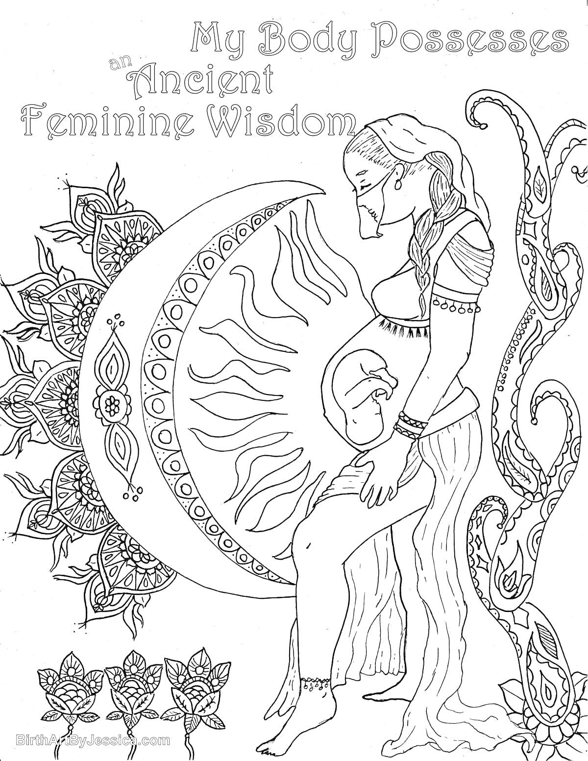 На раскраске изображено: Беременность, Женщина, Месяц, Цветы, Мудрость, Природа, Арт