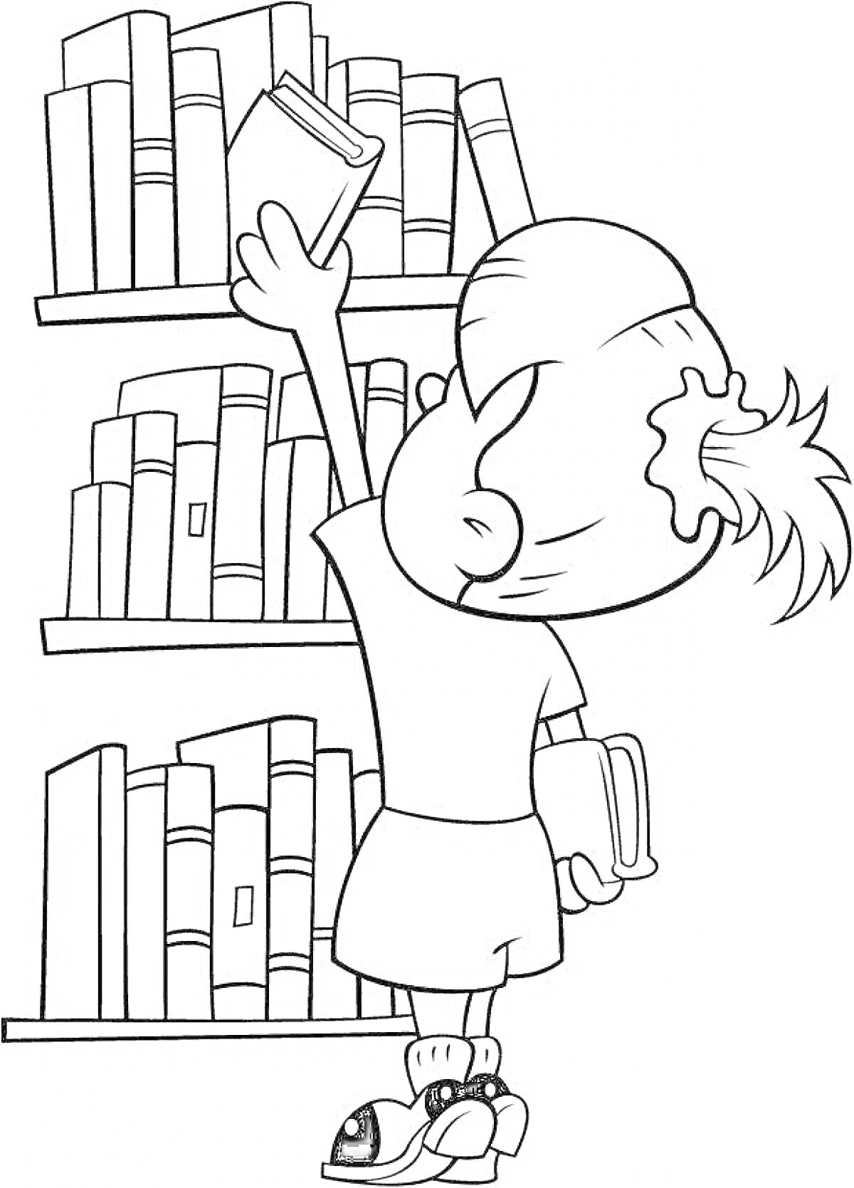 Раскраска Ребёнок выбирает книгу на полке в библиотеке