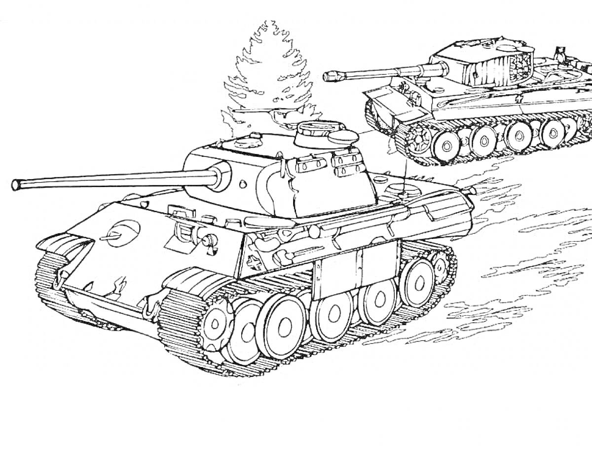 Раскраска Два танка на фоне дерева и дороги