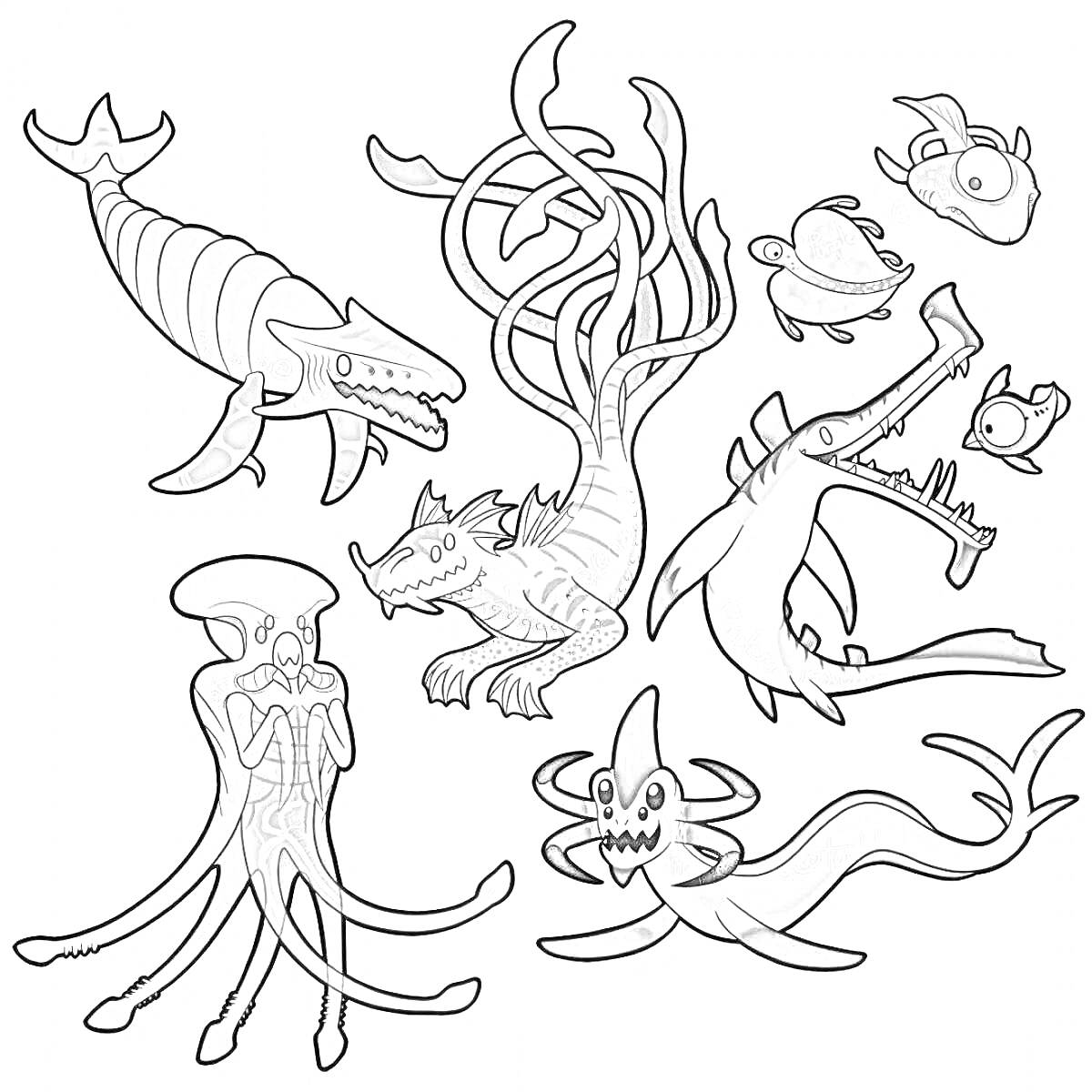 Раскраска Подводные существа, включая рыбу-левиафана, морского дракона, кустарникового морского существа, акулы с прорезями, рыбы с наростами, медузы, рыбы-нагини и осьминога.
