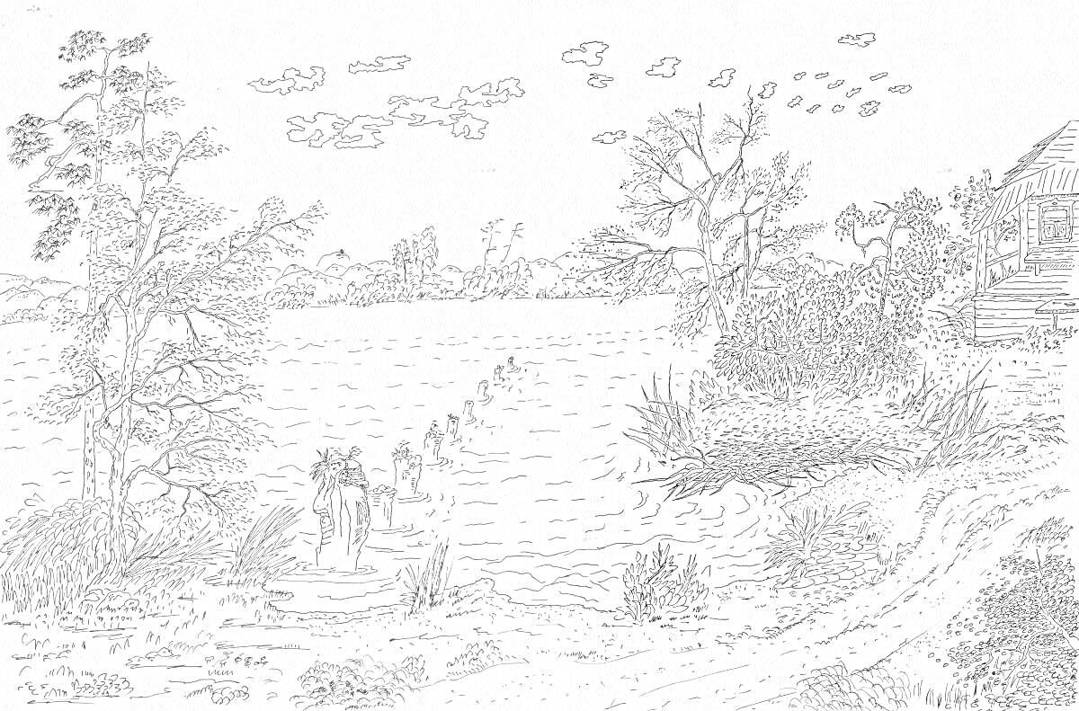 Раскраска Пейзаж с рекой, деревьями, птицами, домиком и стадом коров