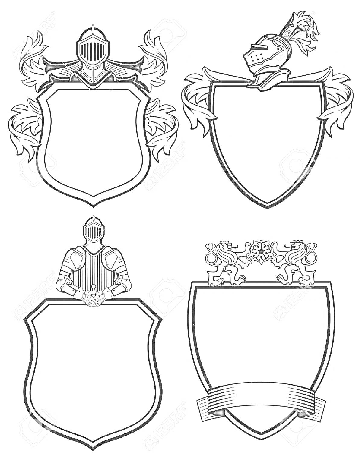 Раскраска Рыцарские гербы с шлемами и декором