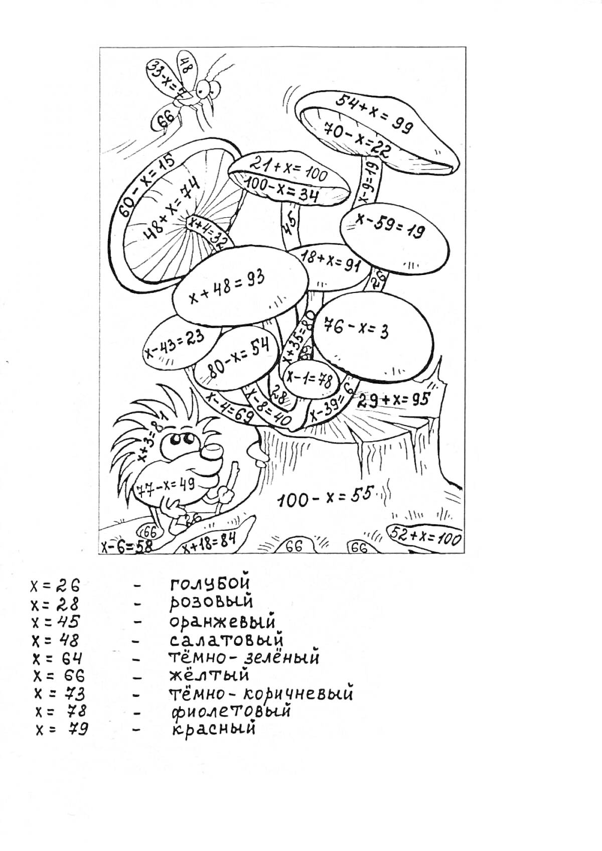 Раскраска Раскраска с ежиком и деревом с листьями-уравнениями (x = голубой, розовый, оранжевый, салатовый, темно-зеленый, жёлтый, тёмно-коричневый, фиолетовый, красный)