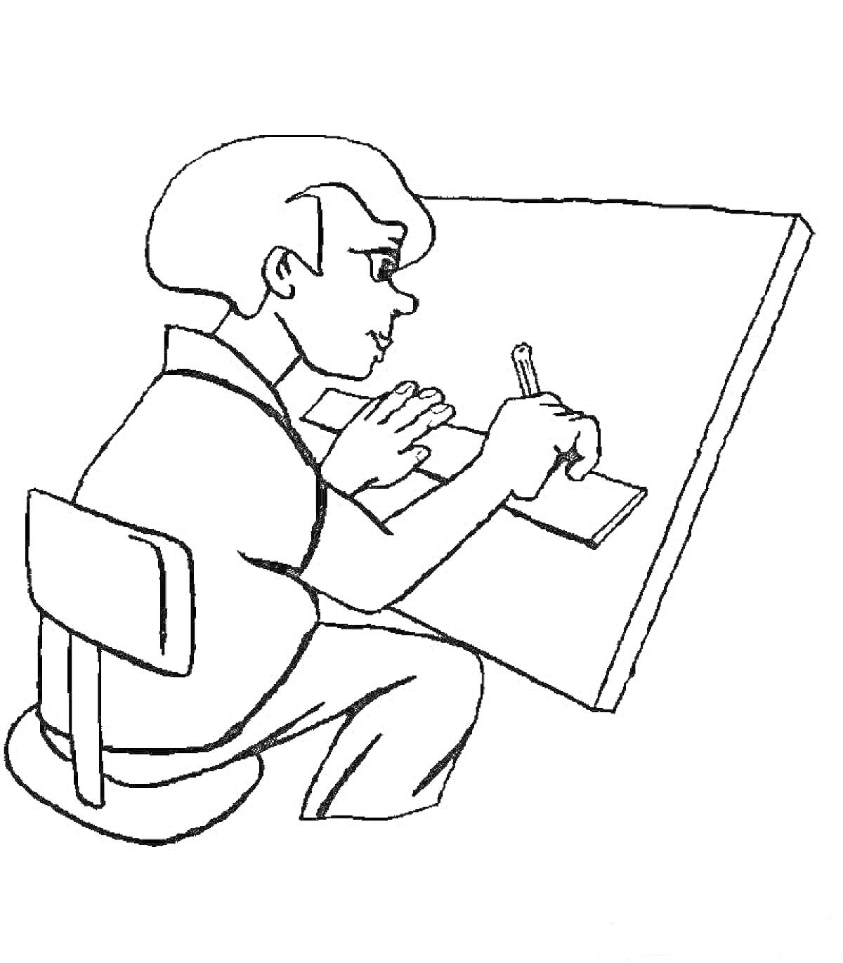 Раскраска Ребёнок инженер за чертёжной доской с карандашом и линейкой