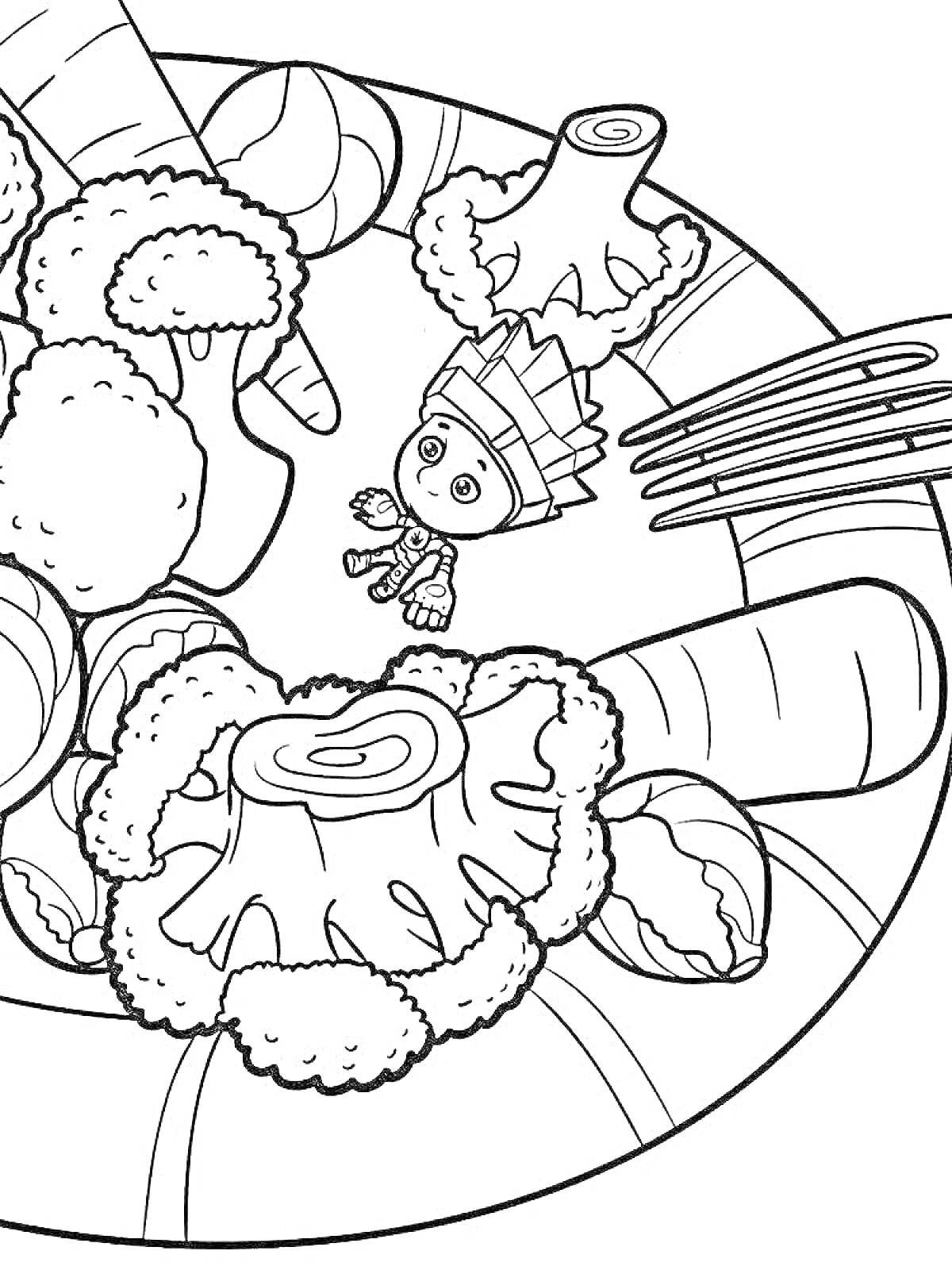 Раскраска Брокколи, морковь, салат и фигурка персонажа на тарелке
