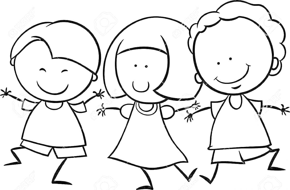 На раскраске изображено: Друзья, Радость, Дружба, Держатся за руки, Короткие волосы, Кудрявые волосы
