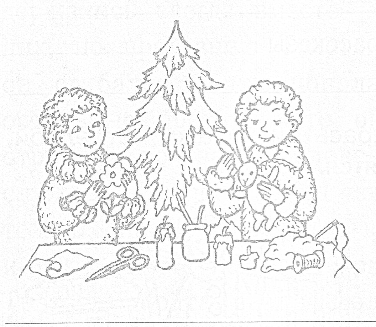 Раскраска Дети перед новогодней ёлкой с игрушками, на столе ножницы, банка с кисточками, баночка с краской, свечи и ткань