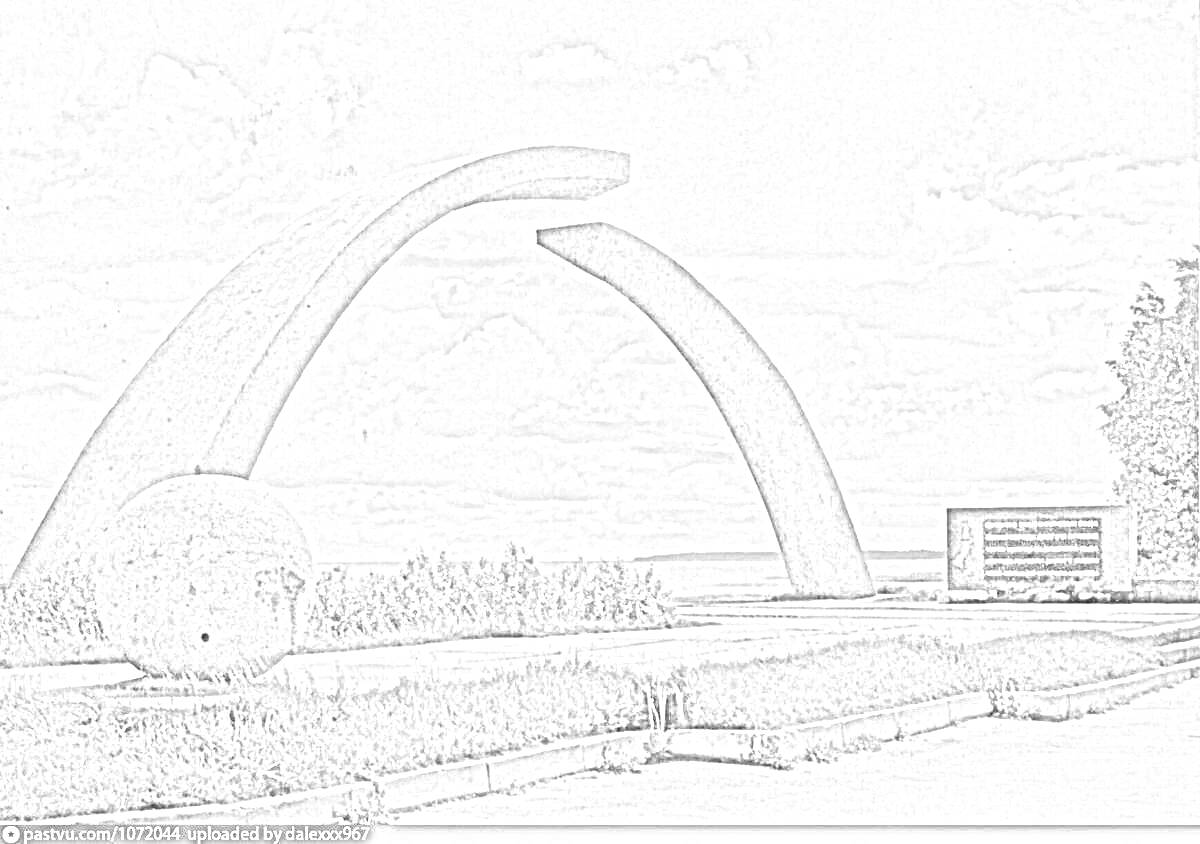 На раскраске изображено: Мемориал, Арка, Сфера, Табличка, Деревья, Облака, Озеро, Блокада Ленинграда