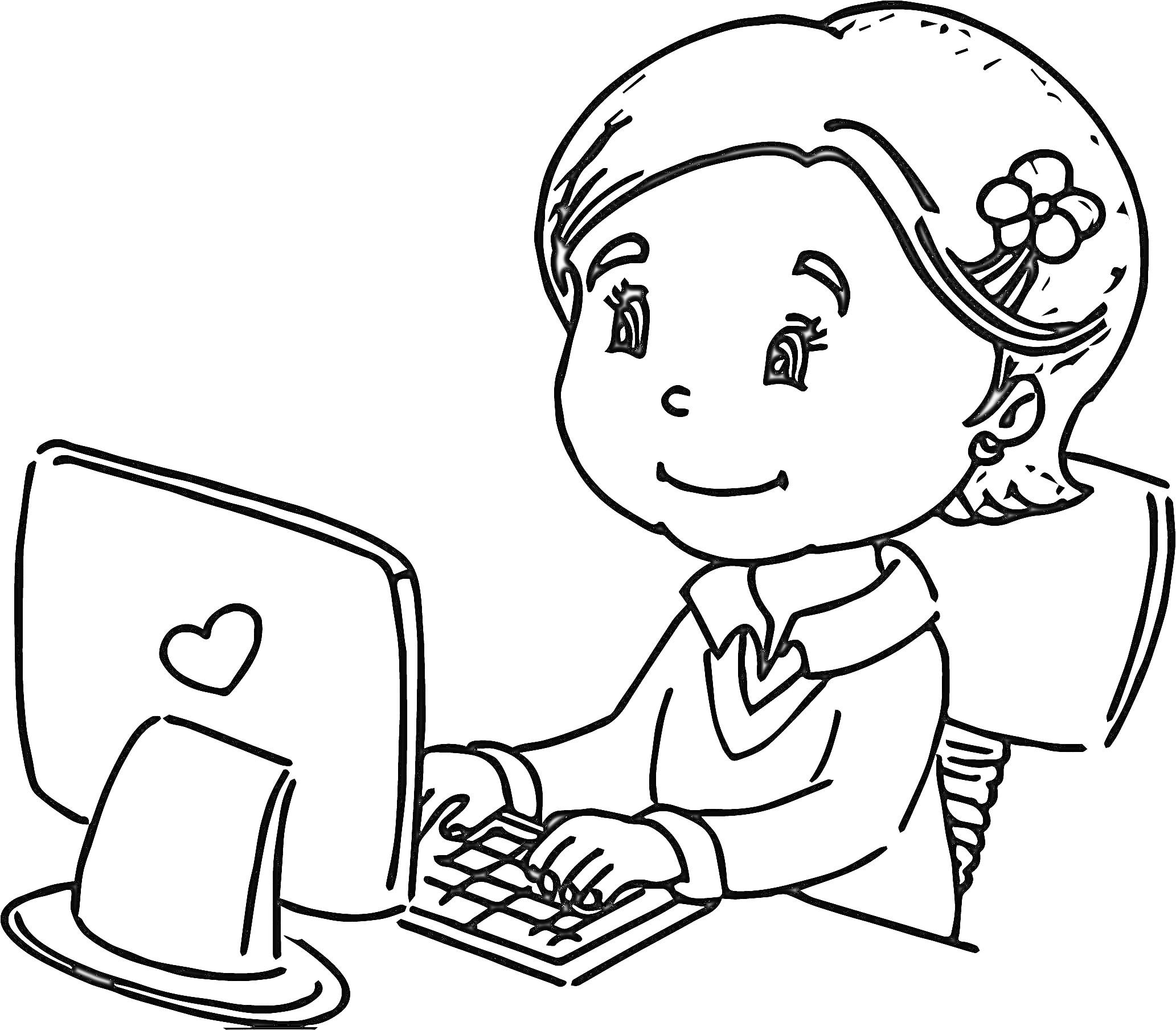 На раскраске изображено: Девочка, Компьютер, Рабочее место, Монитор, Клавиатура, Кресло, Офис, Сердца