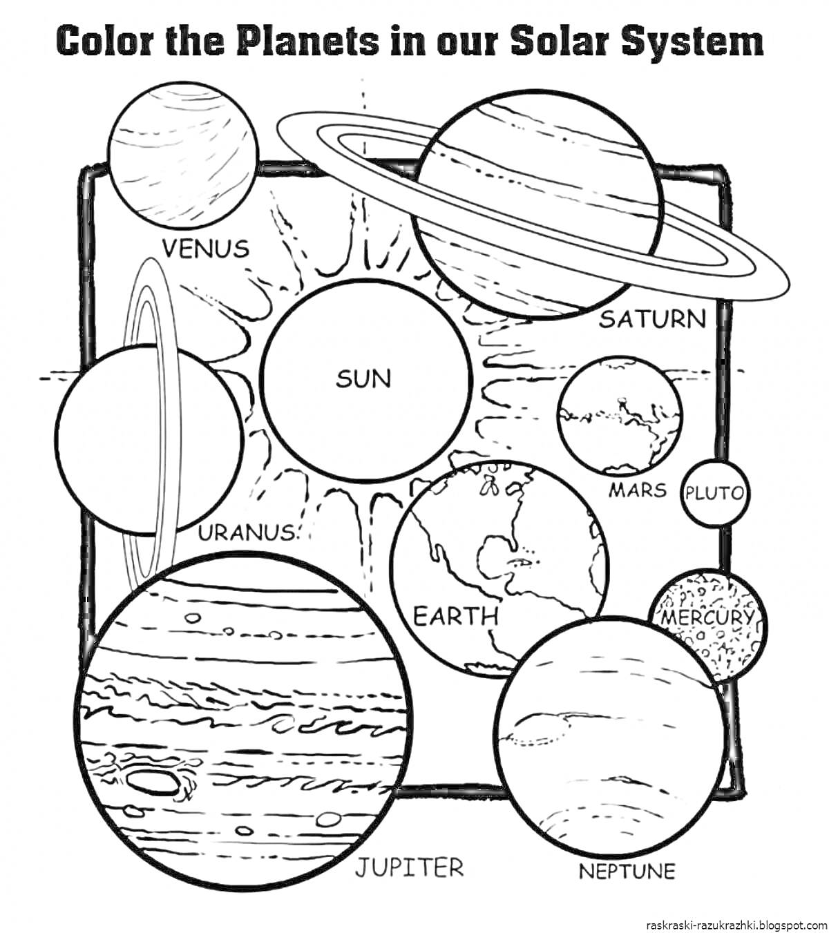 Раскраска Планеты солнечной системы Элементы на фото: Солнце, Меркурий, Венера, Земля, Марс, Юпитер, Сатурн, Уран, Нептун, Плутон