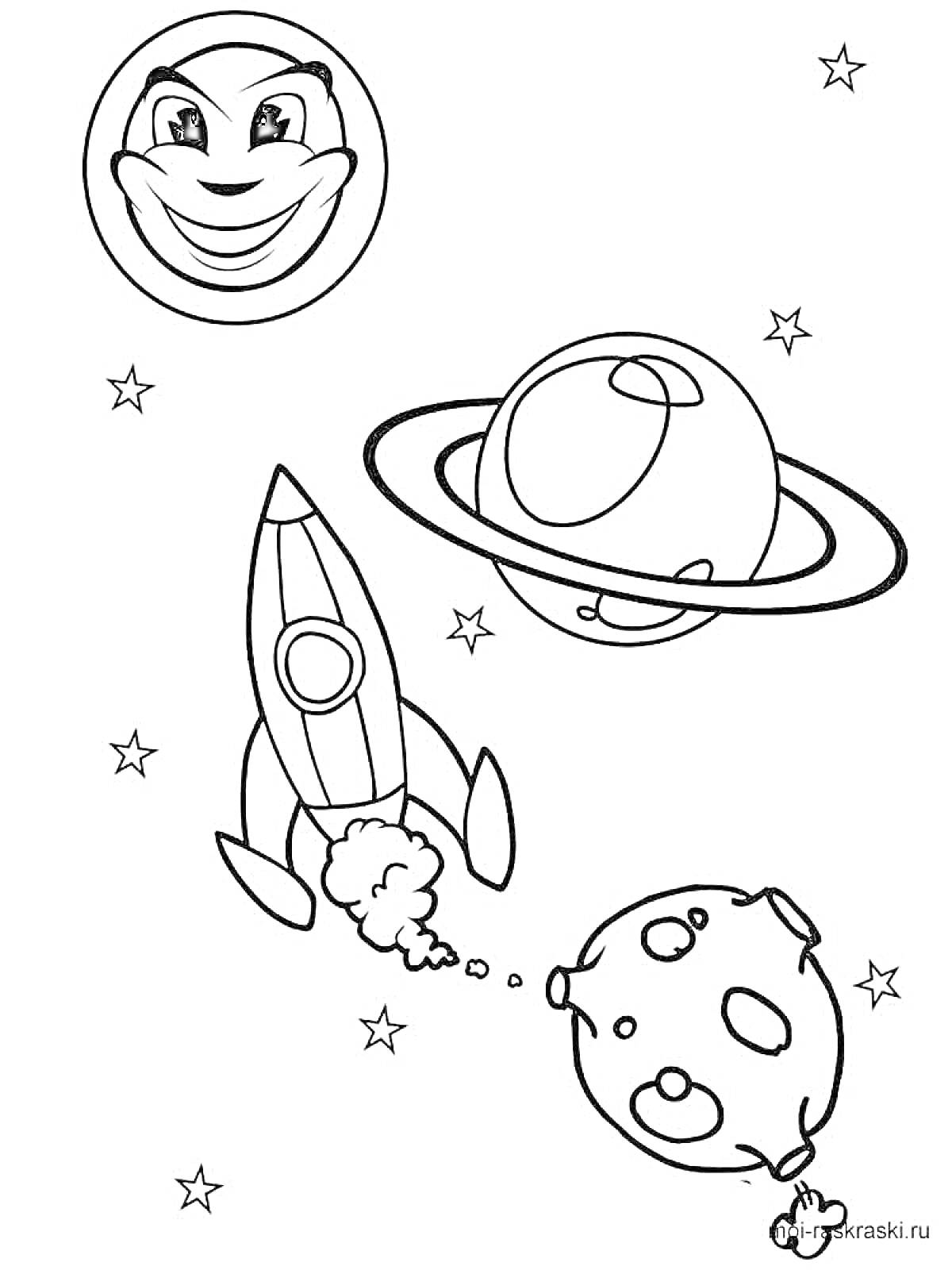 Раскраска Планета с лицом, ракета, спутник с кольцами, и луна в космосе
