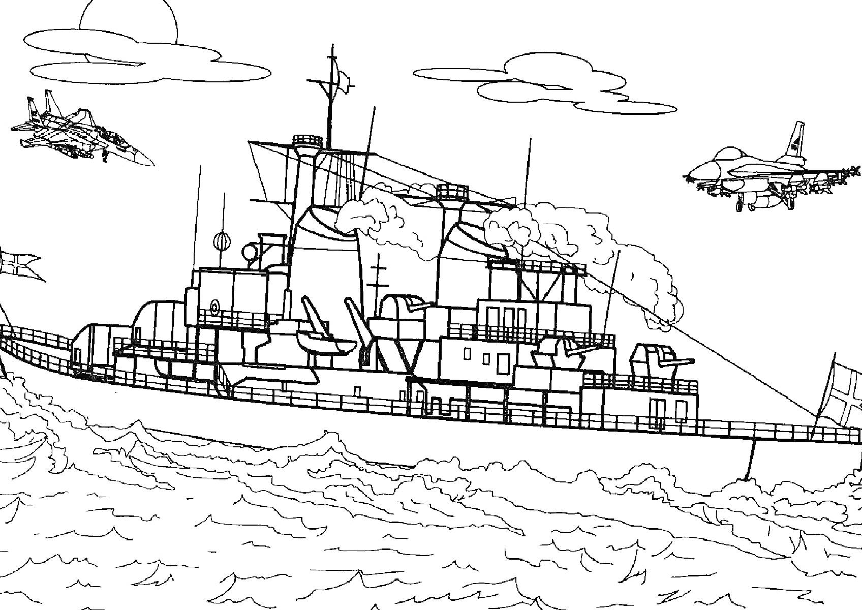 На раскраске изображено: Корабль, Море, Волны, Военный корабль, Самолеты, Небо, Облака, Флаг
