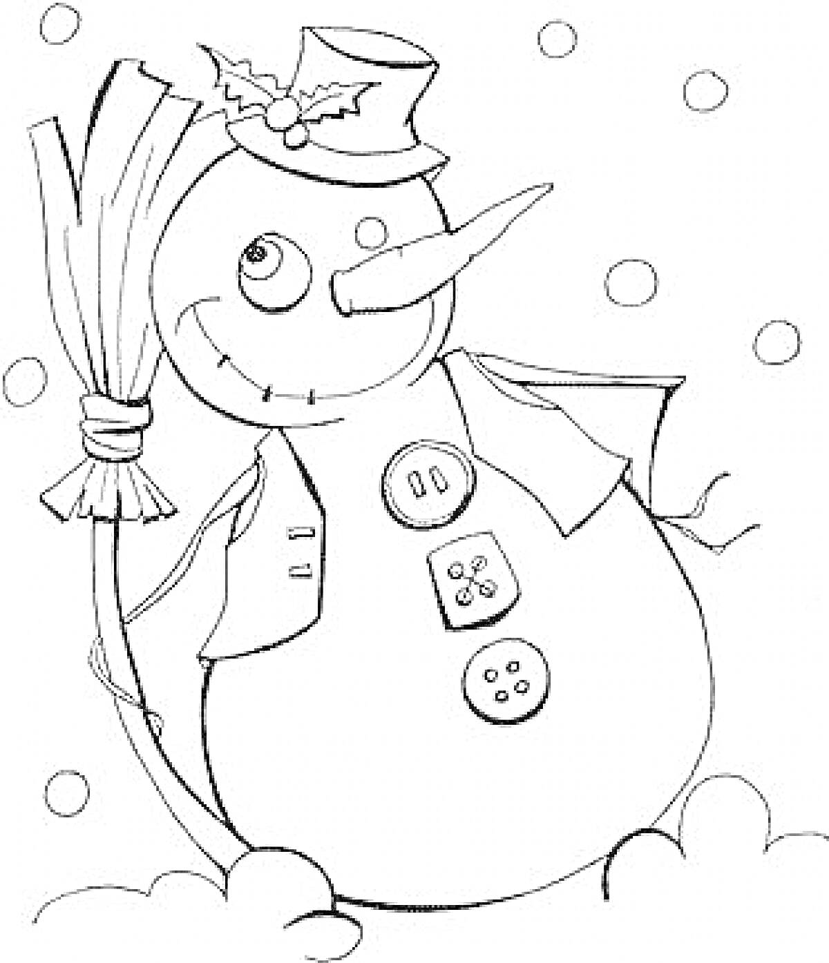 Снеговик с метлой в шляпе с веткой остролиста и пуговицами, на фоне падающего снега
