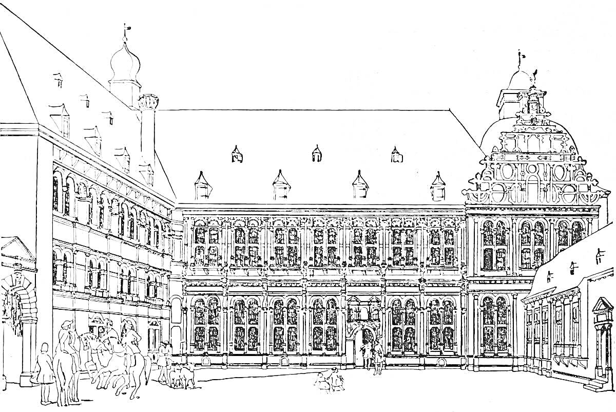 Раскраска Архитектурный двор здания с многочисленными окнами, украшениями и элементами, группа людей и лошади перед дворцом
