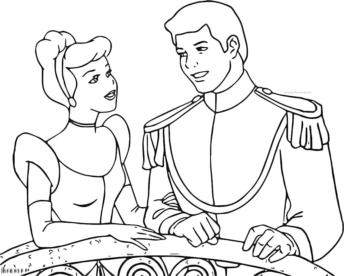 На раскраске изображено: Принц, Принцесса, Ограда, Мост, Королевская семья, Романтика