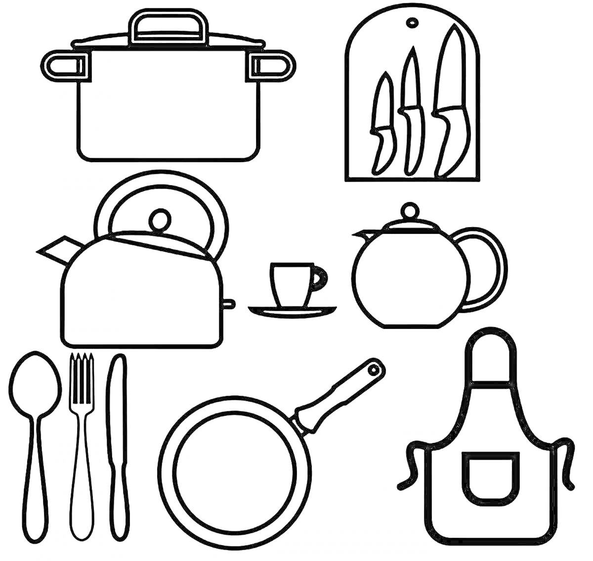 Раскраска Кухонная утварь: кастрюля, разделочная доска с ножами, чайник, чашка с блюдцем, заварочный чайник, столовые приборы, сковорода, фартук