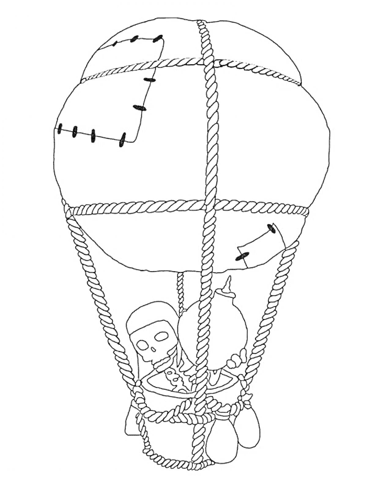 Раскраска Воздушный шар с двумя скелетами, наполненный горячим воздухом и окруженный веревками