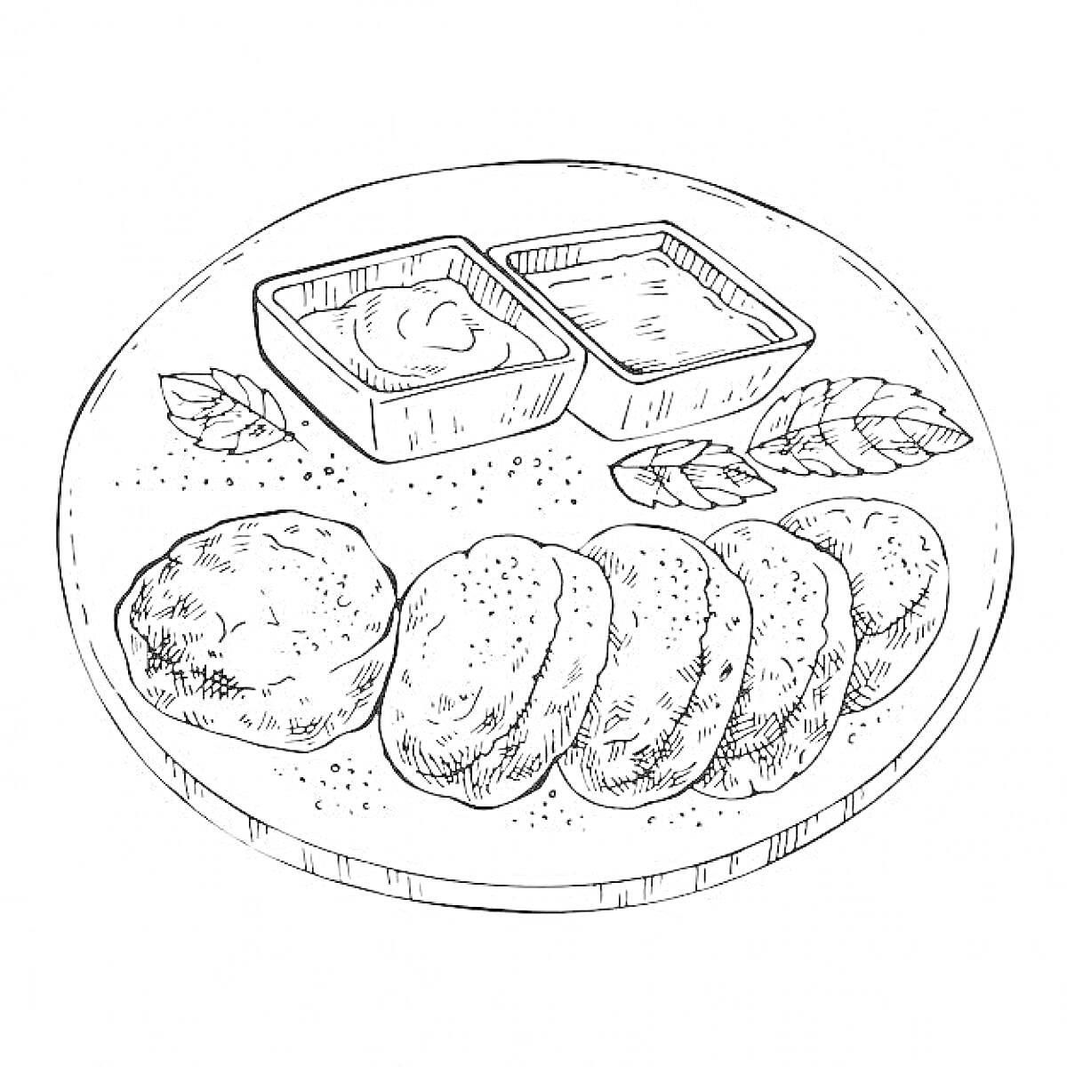 На раскраске изображено: Сырники, Тарелка, Соус, Листья, Еда, Блюдо, Завтрак