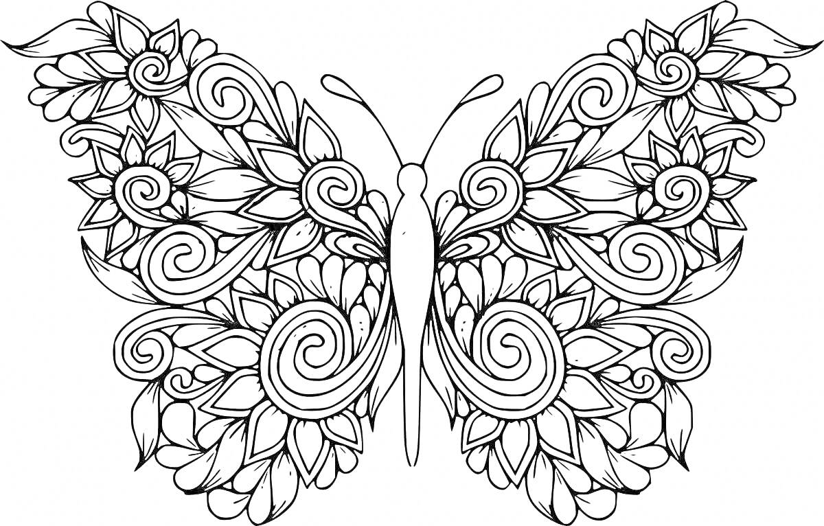 Раскраска узорная бабочка с цветочными элементами и спиральными узорами