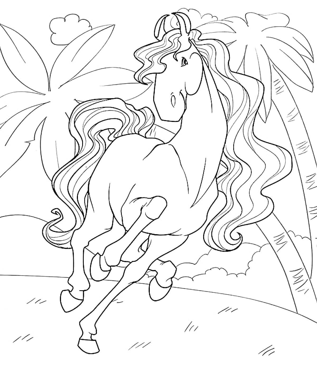 Раскраска Лошадь на лугу с пальмами