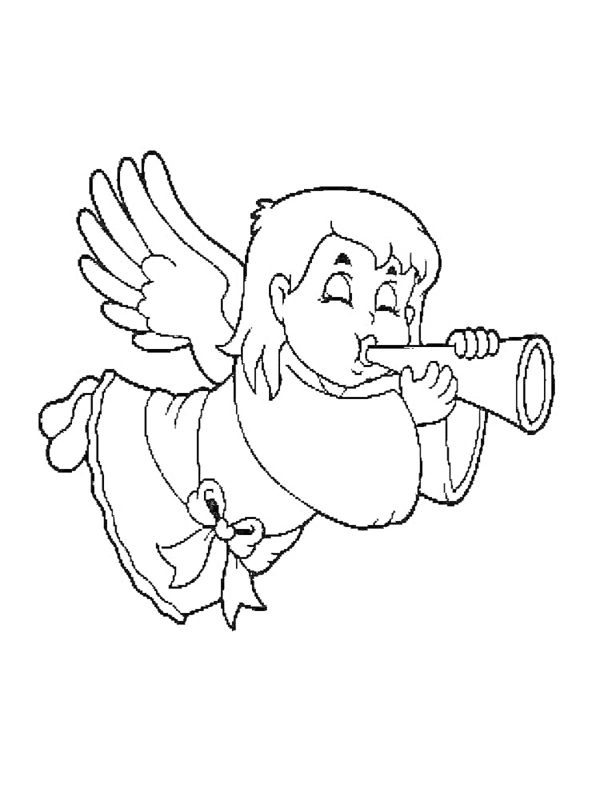 На раскраске изображено: Ангел, Труба, Крылья, Лента, Ребенок, Полет