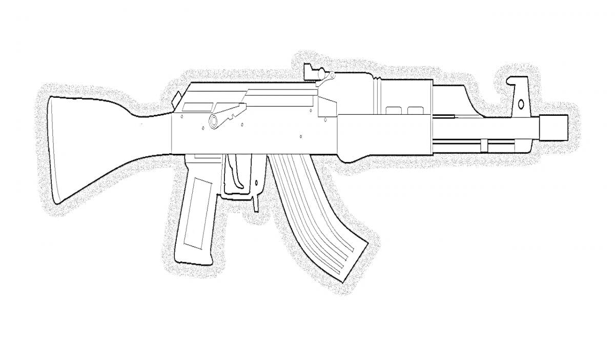 На раскраске изображено: Автомат, Калашников, Оружие, Приклад, Затвор, Магазин, Рукоятка, Цевьё, Ствол