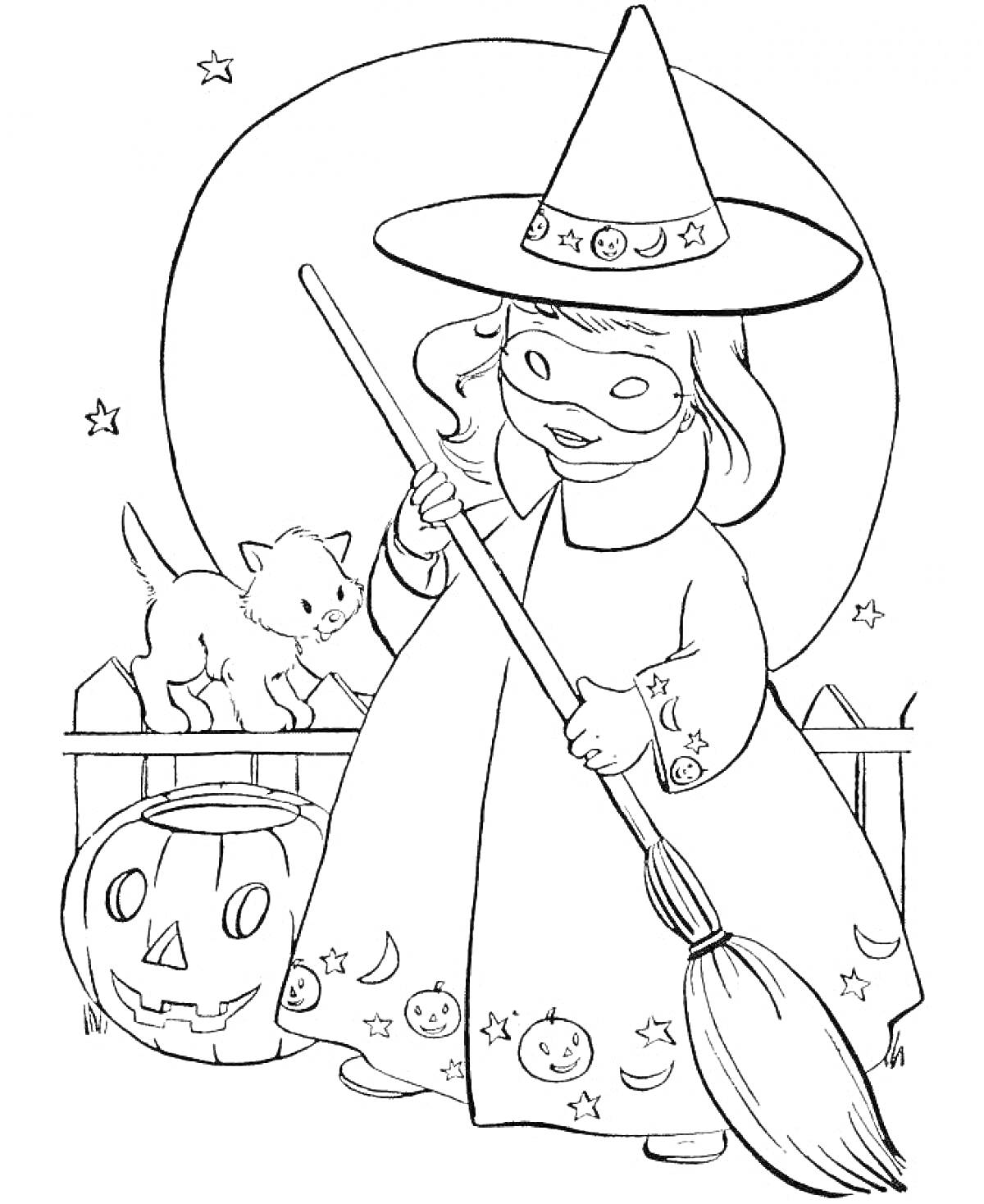 Раскраска Ведьма в шляпе с метлой и тыквой, кот на заборе, звезды и луна