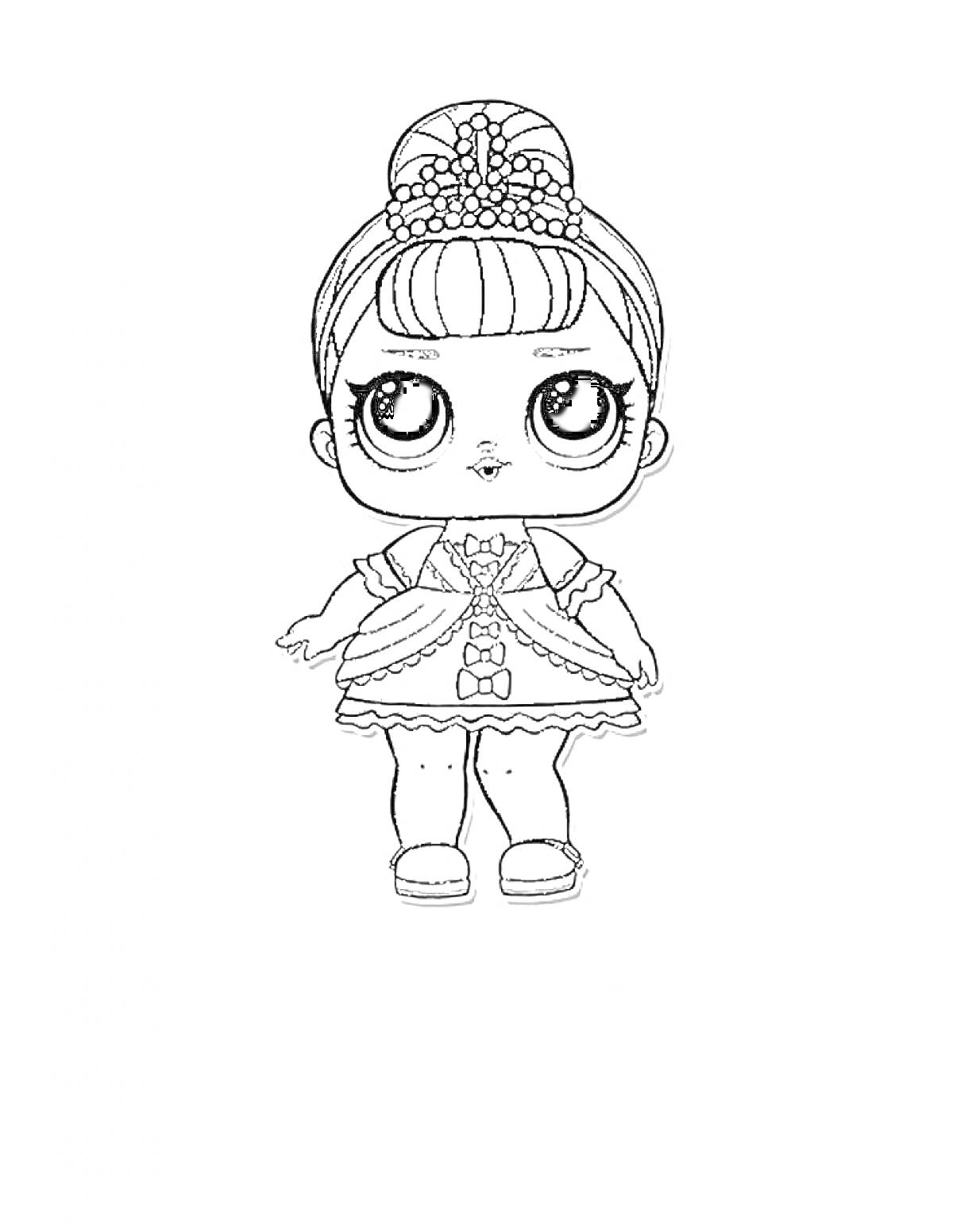 Раскраска Кукла Лол в платье с бантиками и короной, босоножки, волосы собраны в пучок