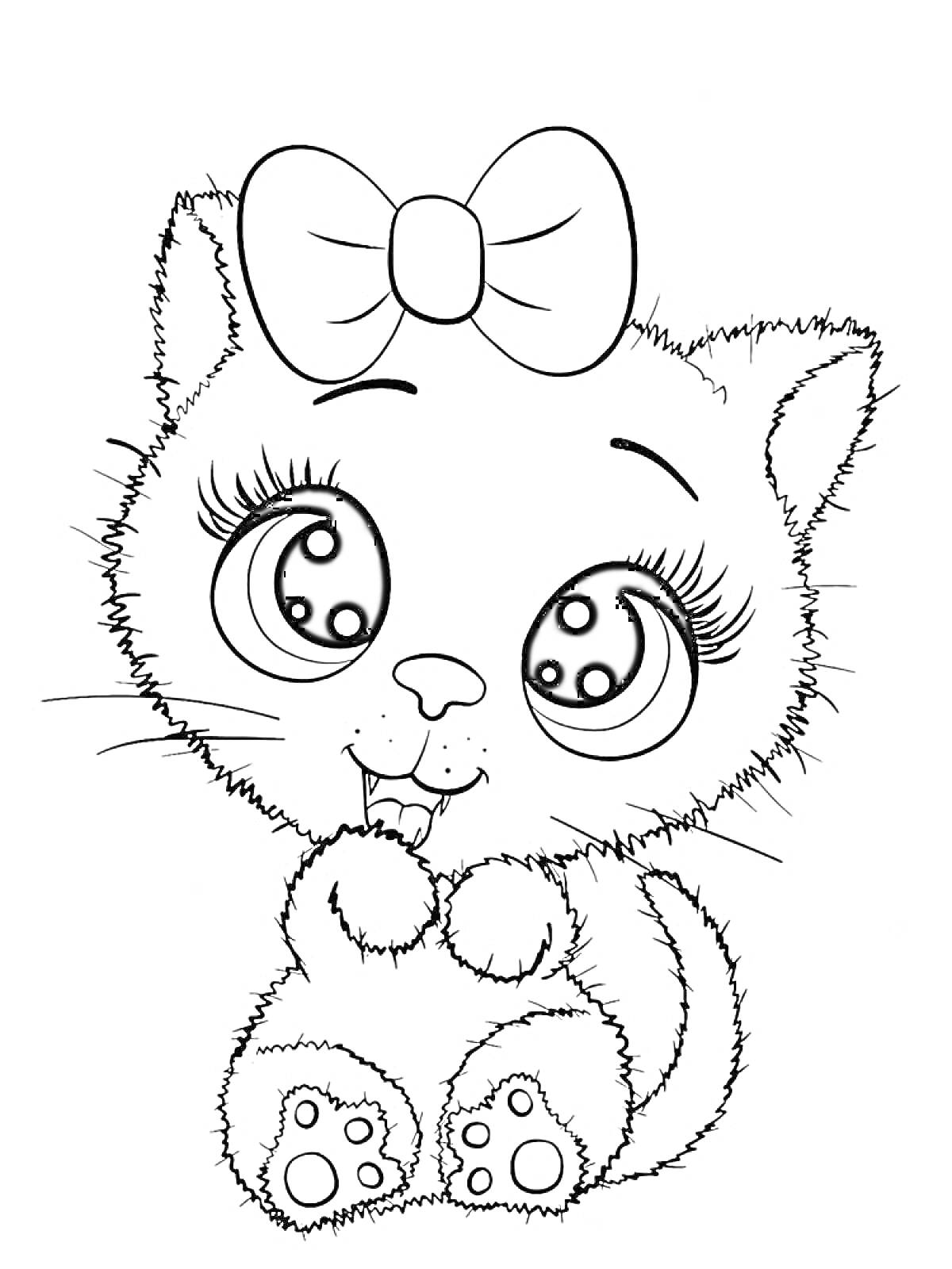 Раскраска Котёнок с большим бантом и большими глазами