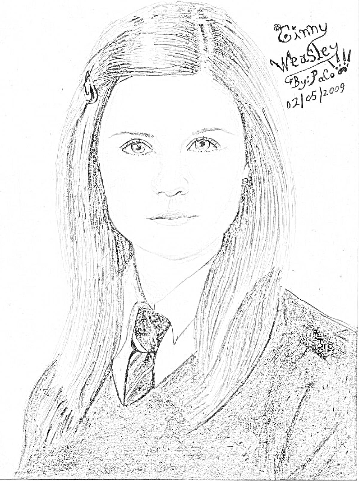 Раскраска Джинни Уизли в школьной форме с надписью “Ginny Weasley, By Paolo, 02/05/2009”