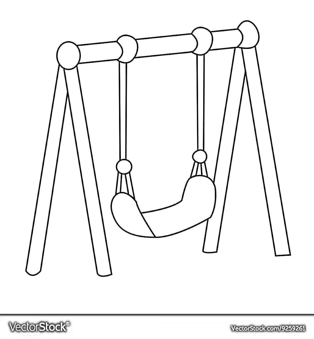 Раскраска Раскраска - Качелька с сиденьем и веревками на прочной деревянной конструкции