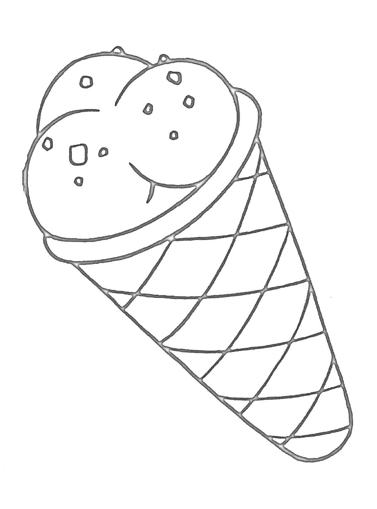 На раскраске изображено: Мороженое, Вафельный рожок, Еда, Сладости, Десерты