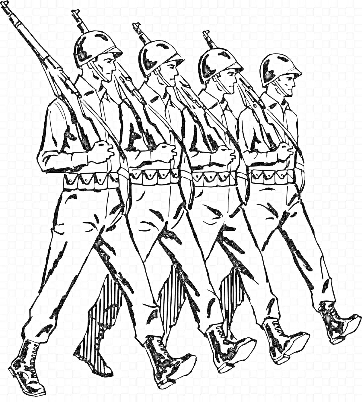 На раскраске изображено: Советские солдаты, Марш, Армия, Военная форма