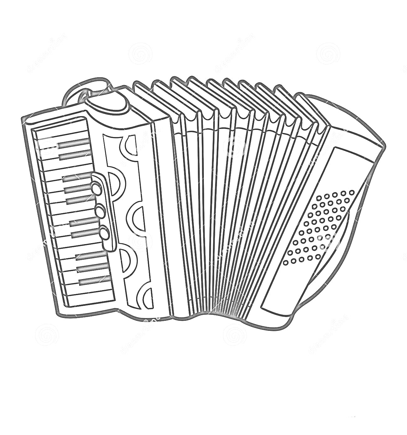 На раскраске изображено: Аккордеон, Музыкальный инструмент, Клавиши, Кнопки, Музыка