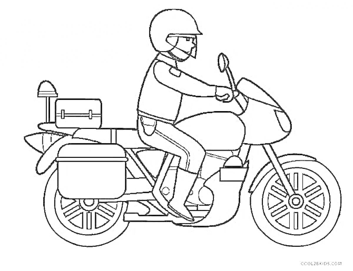 Раскраска Полицейский на мотоцикле с задним чемоданом и мигалкой