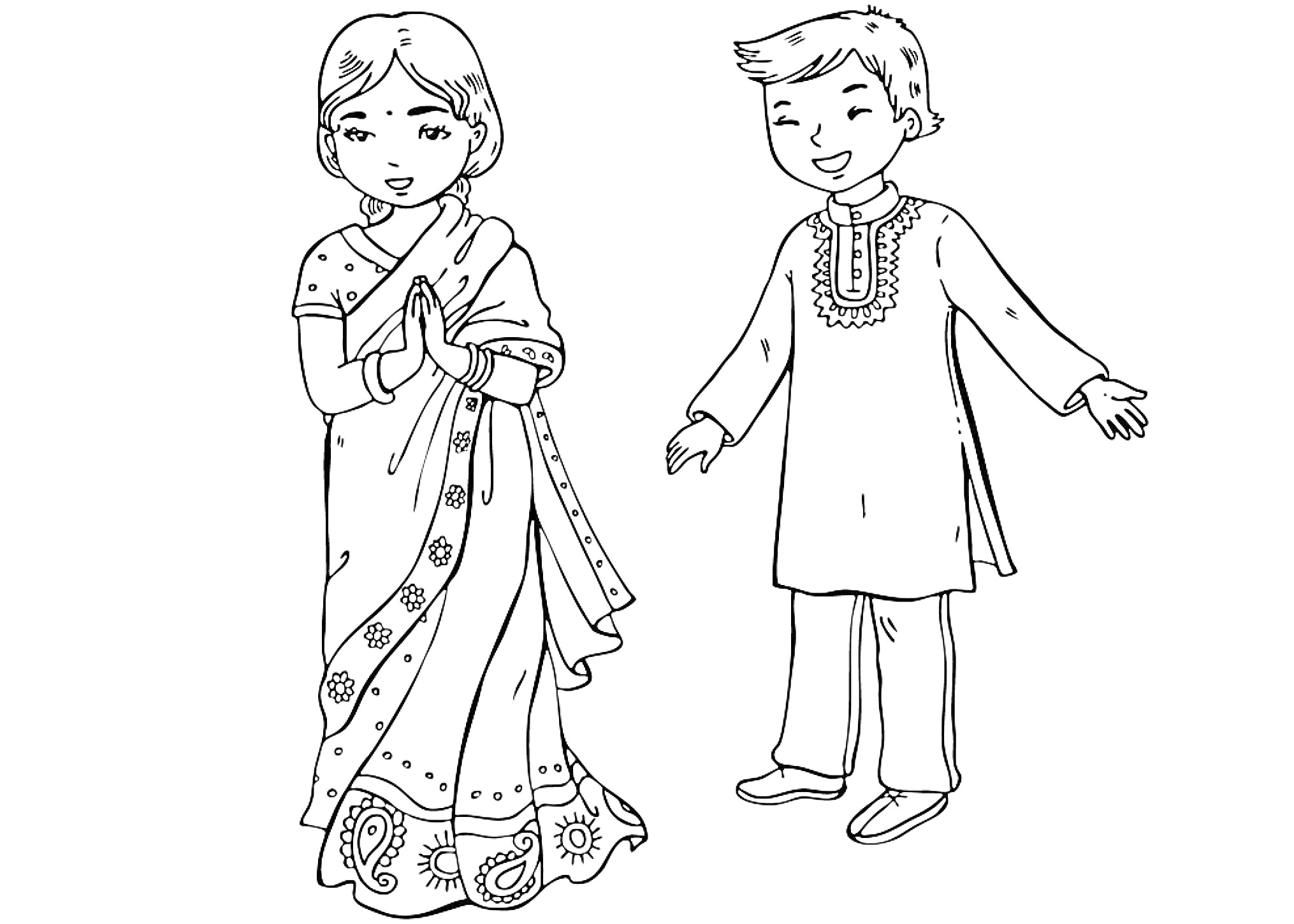 Раскраска Дети в традиционной индийской одежде (девочка в саре, мальчик в курте)