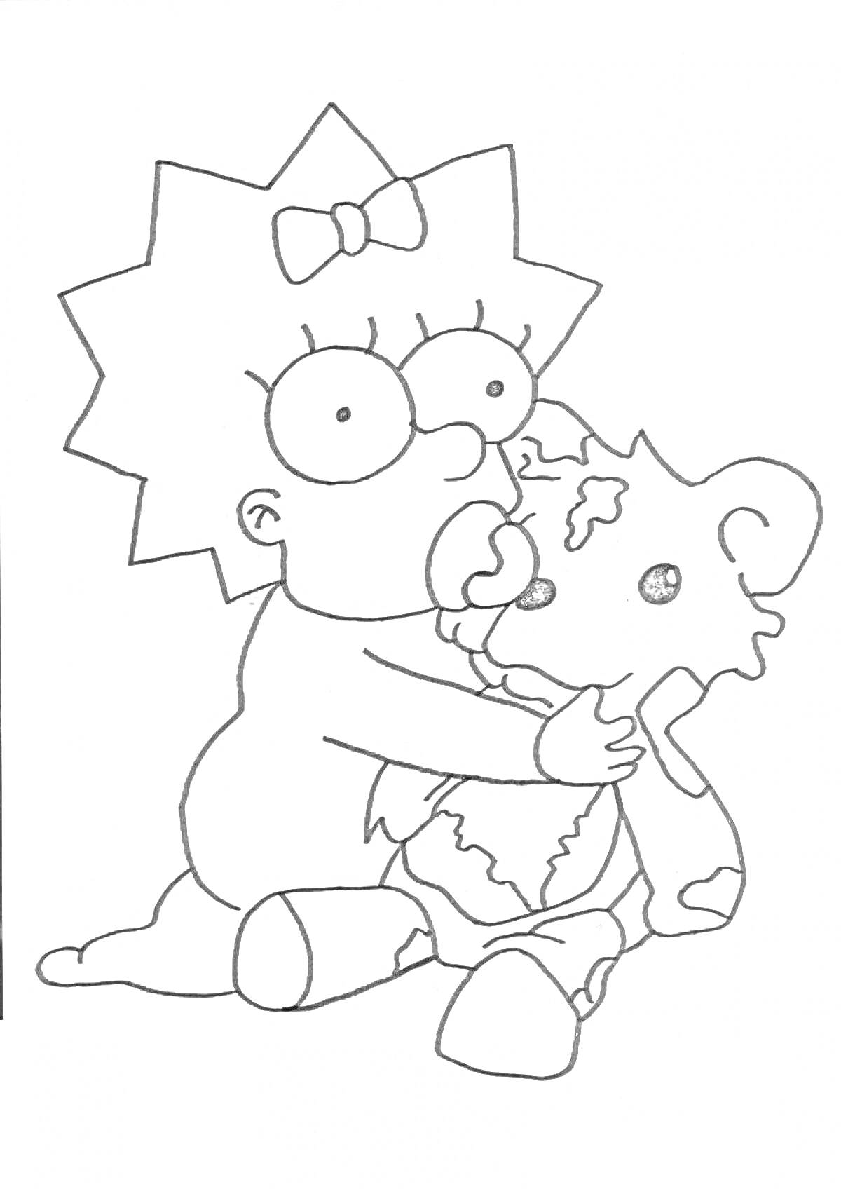 На раскраске изображено: Симпсоны, Малыш, Девочка, Бант, Игрушки, Из мультфильмов, Плюшевый медведь