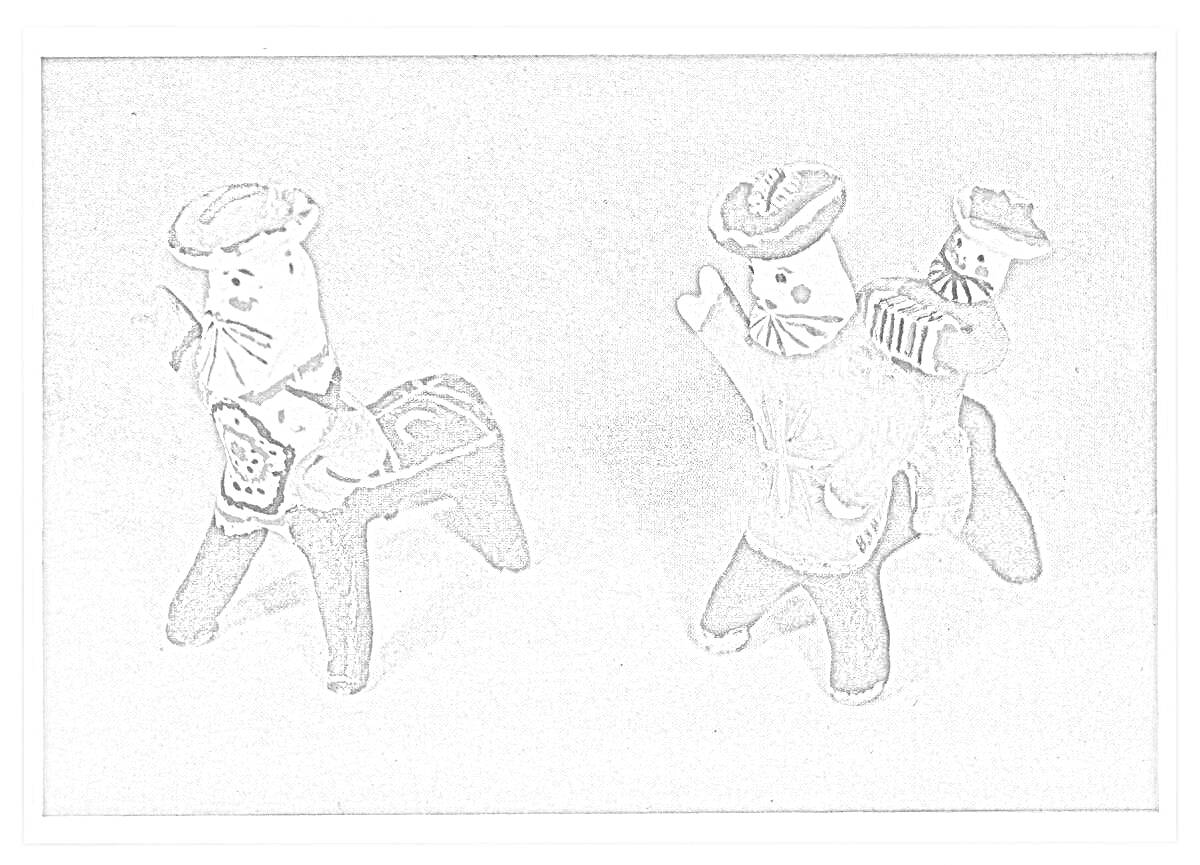 Раскраска Каргопольский полкан - фигурка на лошади, фигурка человека и прилепленного к его спине младенца