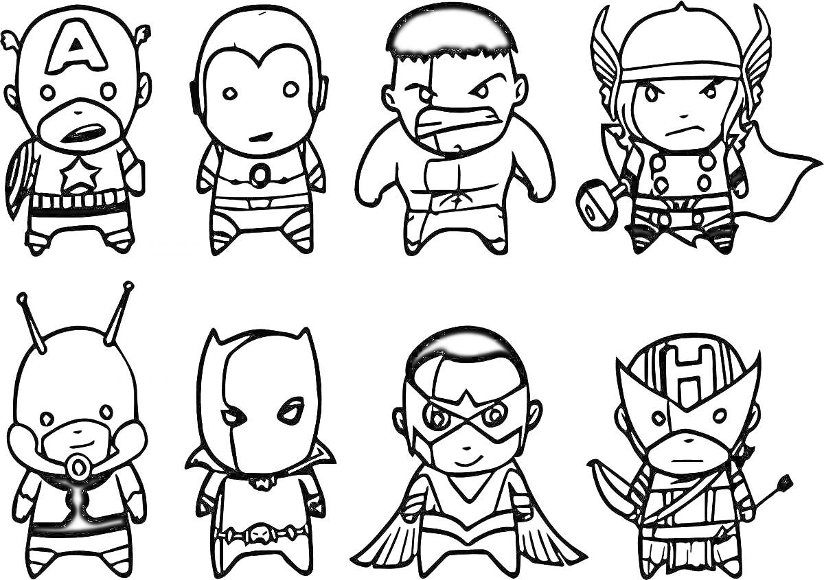 Раскраска Супергерои в стиле чиби: восемь героев в костюмах с уникальными аксессуарами (щиты, молот, крылья)