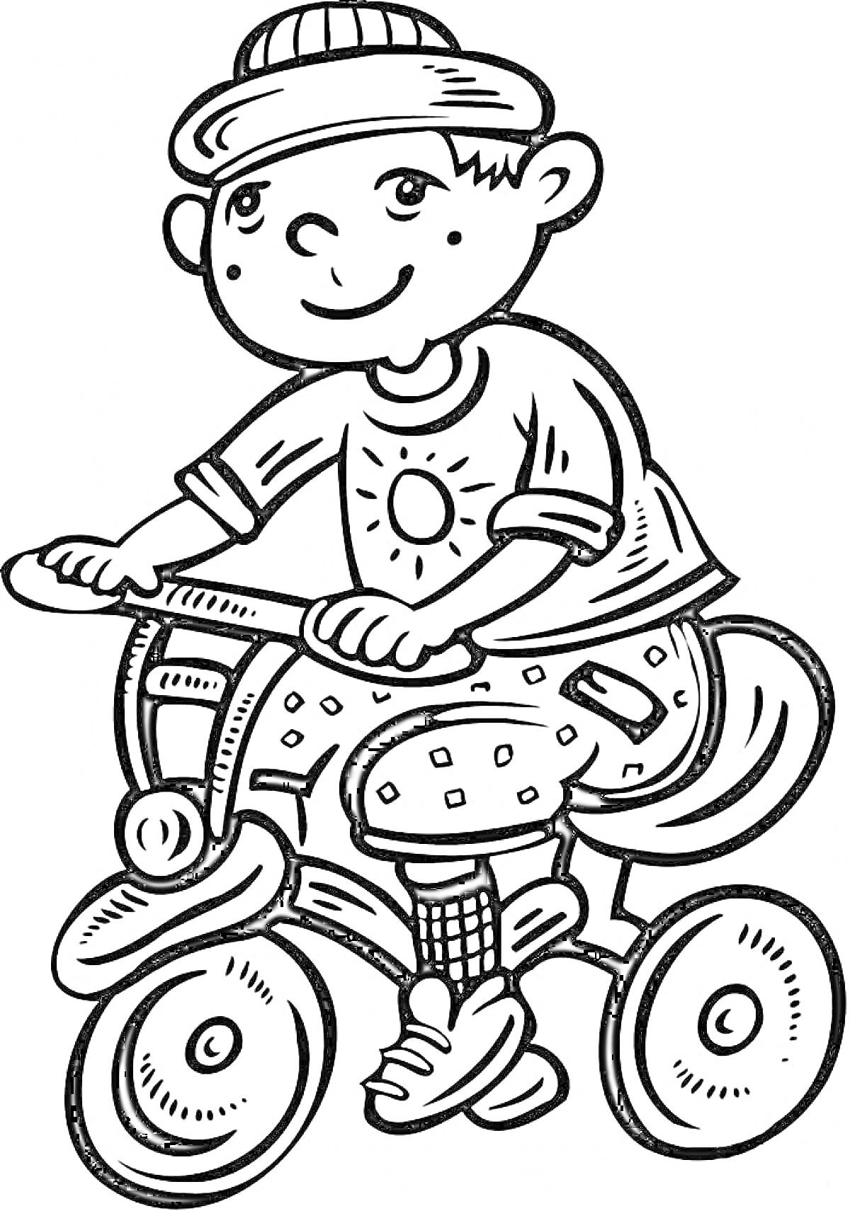 Раскраска Мальчик на трехколесном велосипеде в шапке и футболке с рисунком солнца
