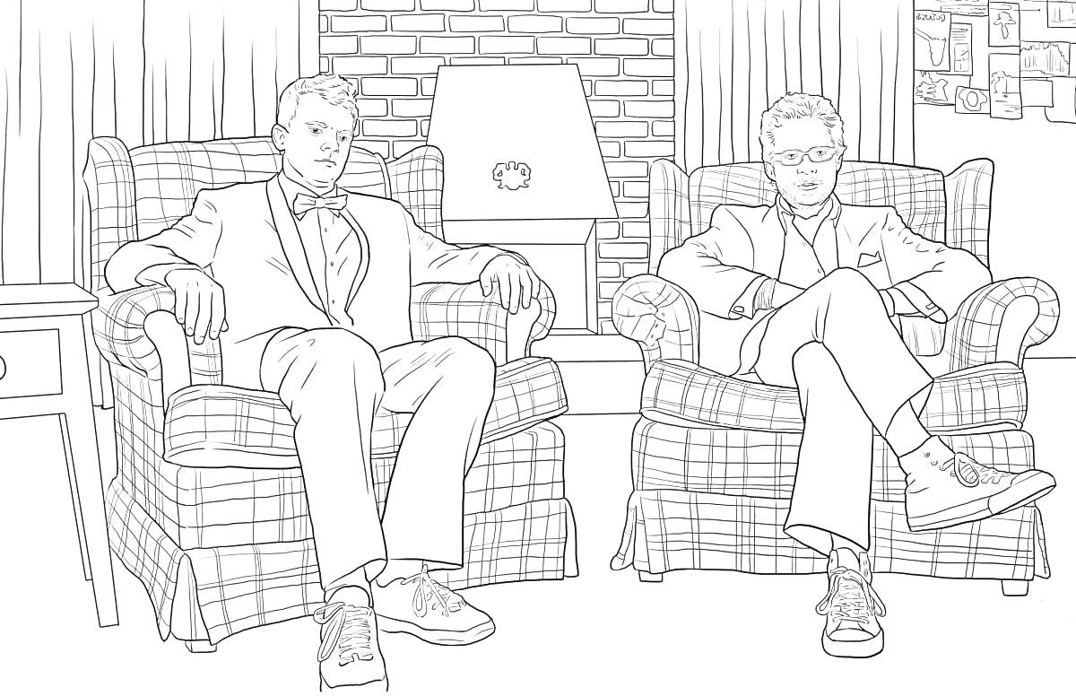 Раскраска Двое мужчин в костюмах, сидящие в креслах в гостиной с лампой, шторками и кирпичной стеной на заднем плане