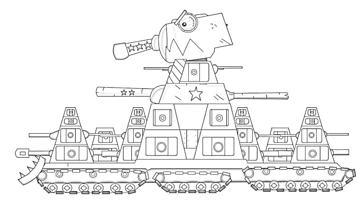 На раскраске изображено: Танк, Гусеницы, Броня, Оружие, Военная техника, Пушка, КВ-44, Башни