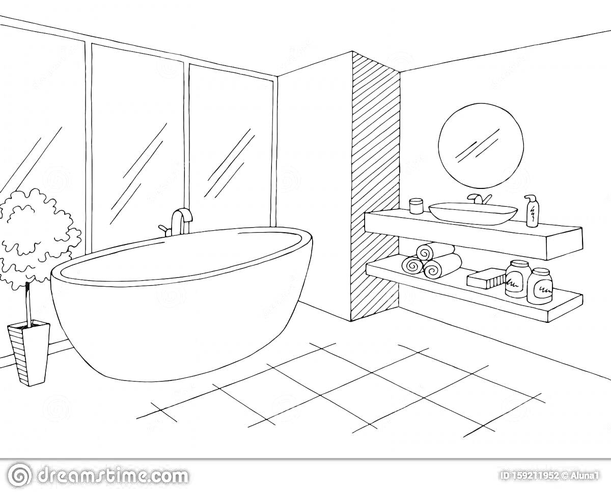 На раскраске изображено: Ванная комната, Ванна, Окна, Раковина, Зеркало, Полки, Банные принадлежности, Плиточный пол