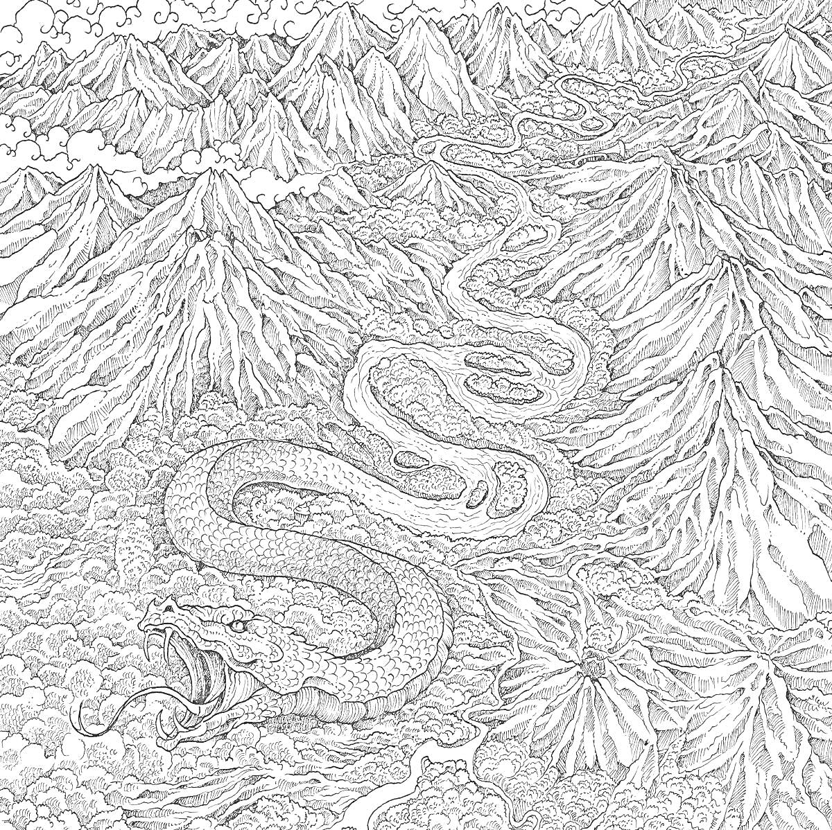 Раскраска Горный ландшафт с превращающимся в реку змеем и облаками