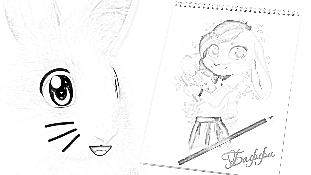 Раскраска Рисунок с кроликом, держущим книгу, рядом с изображением настоящего кролика и блокнотом